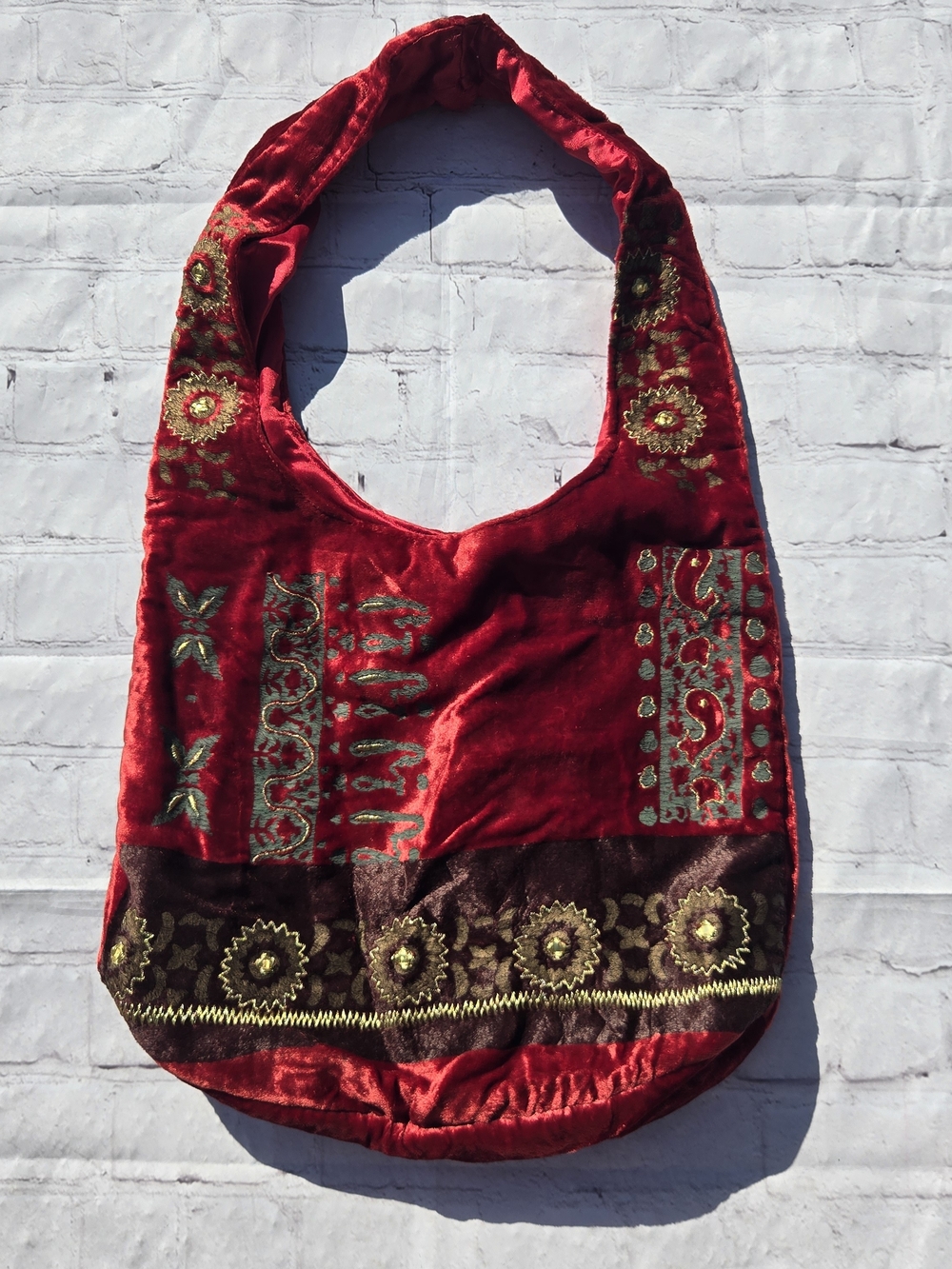 90s Red Gold Embellished Velvet Small Hobo Bag Whimsigoth Witchy Boho